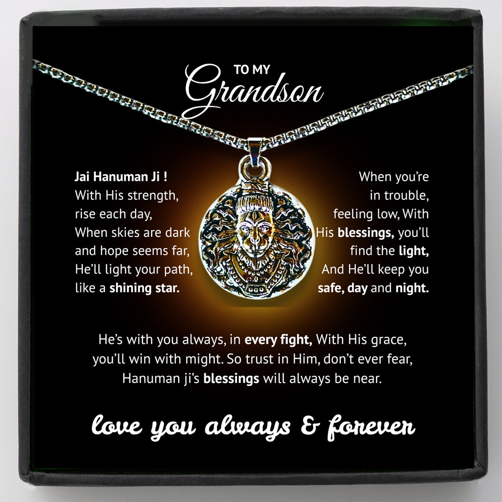 Sterling Silver Hanuman Pendant for Grandson - Spiritual Protection & Strength Necklace