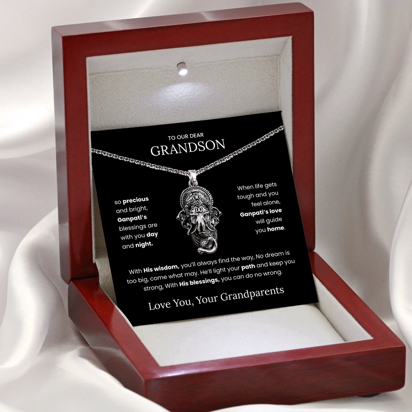 Sterling Silver Ganpati Pendant Necklace for Grandson – Divine Blessings, Protection & Spiritual Guidance from Grandparents