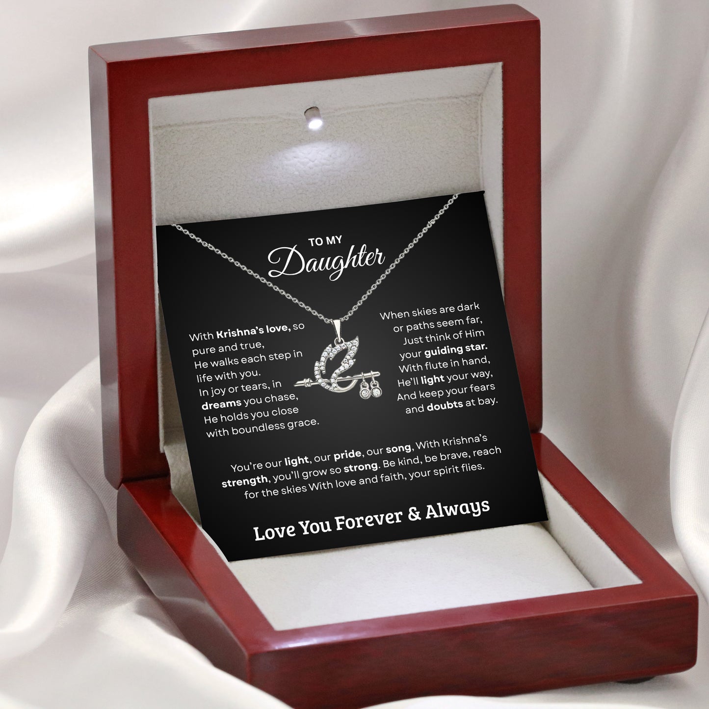 Shree Krishna Bansuri Pendant Necklace – Spiritual Jewelry Gift for Daughter from Dad & Mom