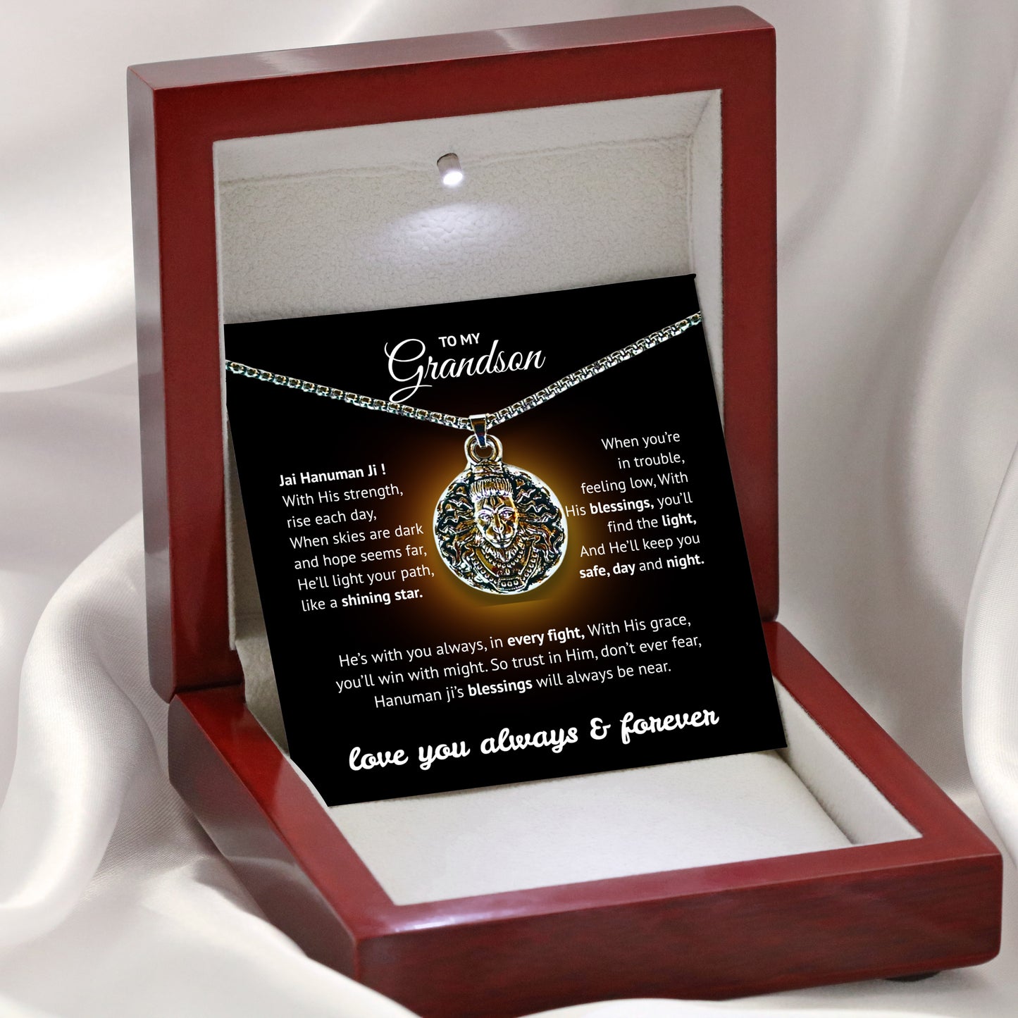 Sterling Silver Hanuman Pendant for Grandson - Spiritual Protection & Strength Necklace