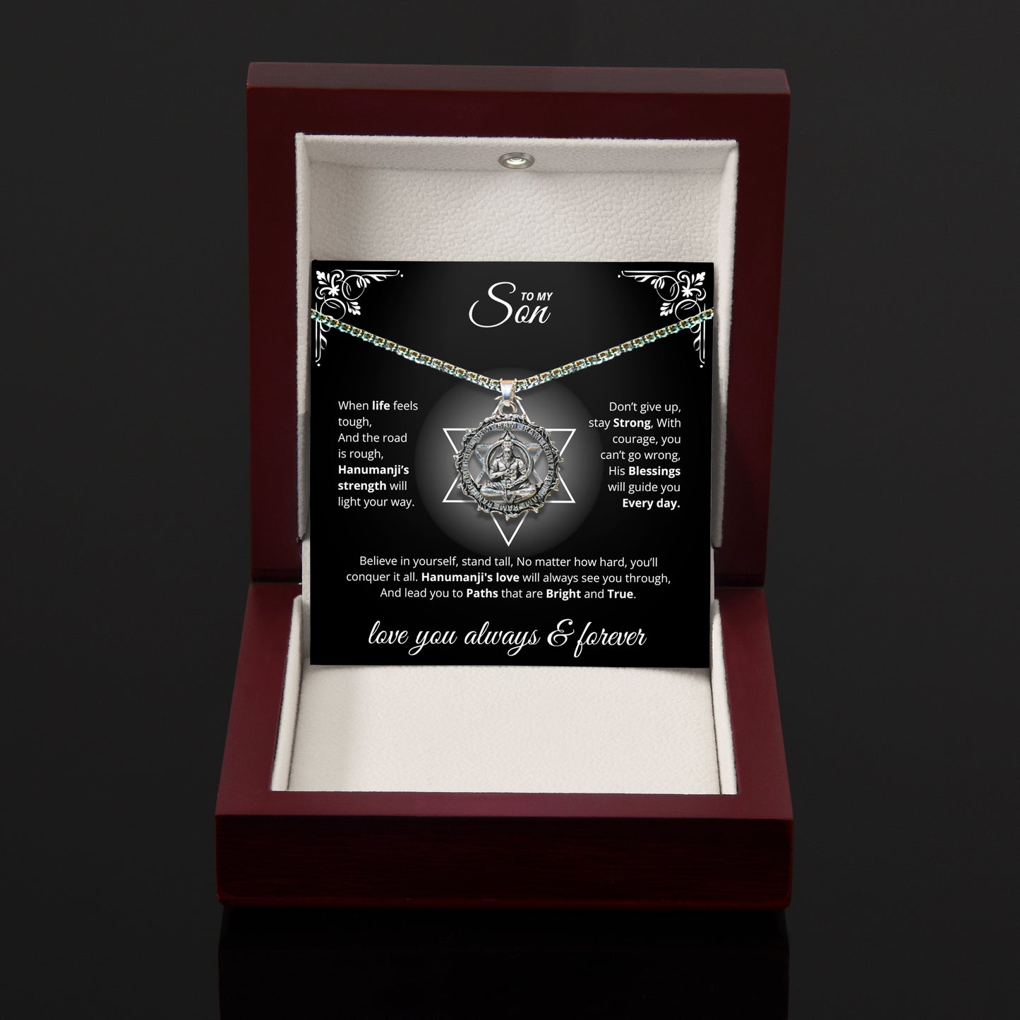 Sterling Silver Hanuman Pendant Necklace for Son - Strength & Protection Gift from Mom & Dad