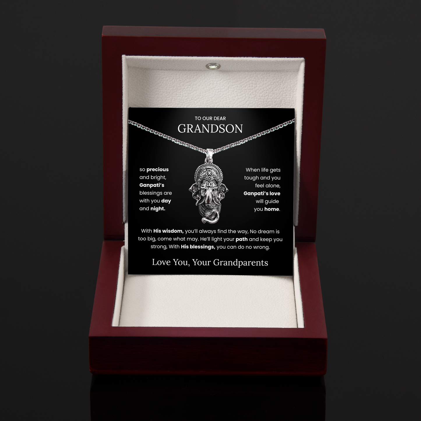 Sterling Silver Ganpati Pendant Necklace for Grandson – Divine Blessings, Protection & Spiritual Guidance from Grandparents