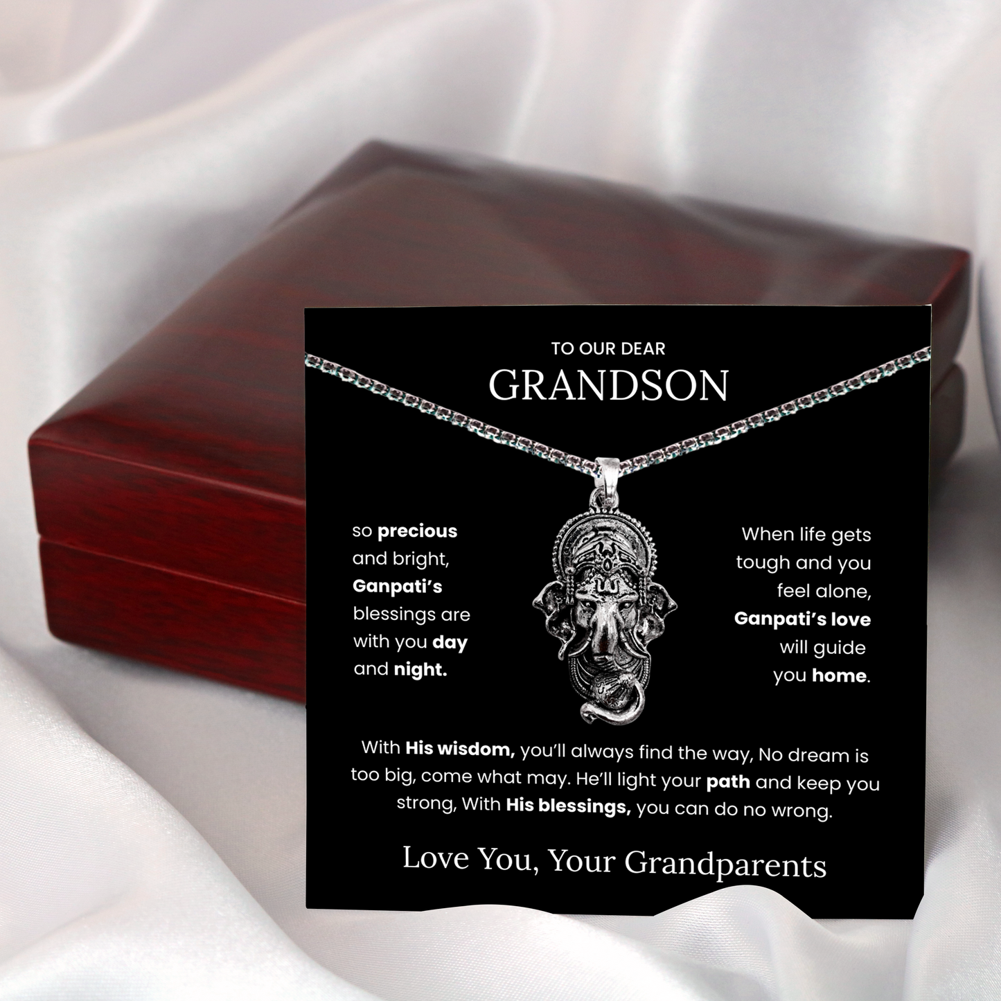 Sterling Silver Ganpati Pendant Necklace for Grandson – Divine Blessings, Protection & Spiritual Guidance from Grandparents