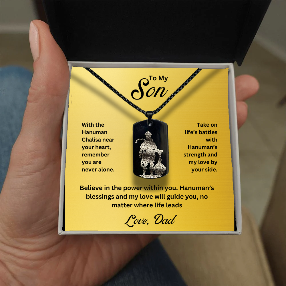 To My Son - Hanuman Chalisa MicroCarved Tag Necklace