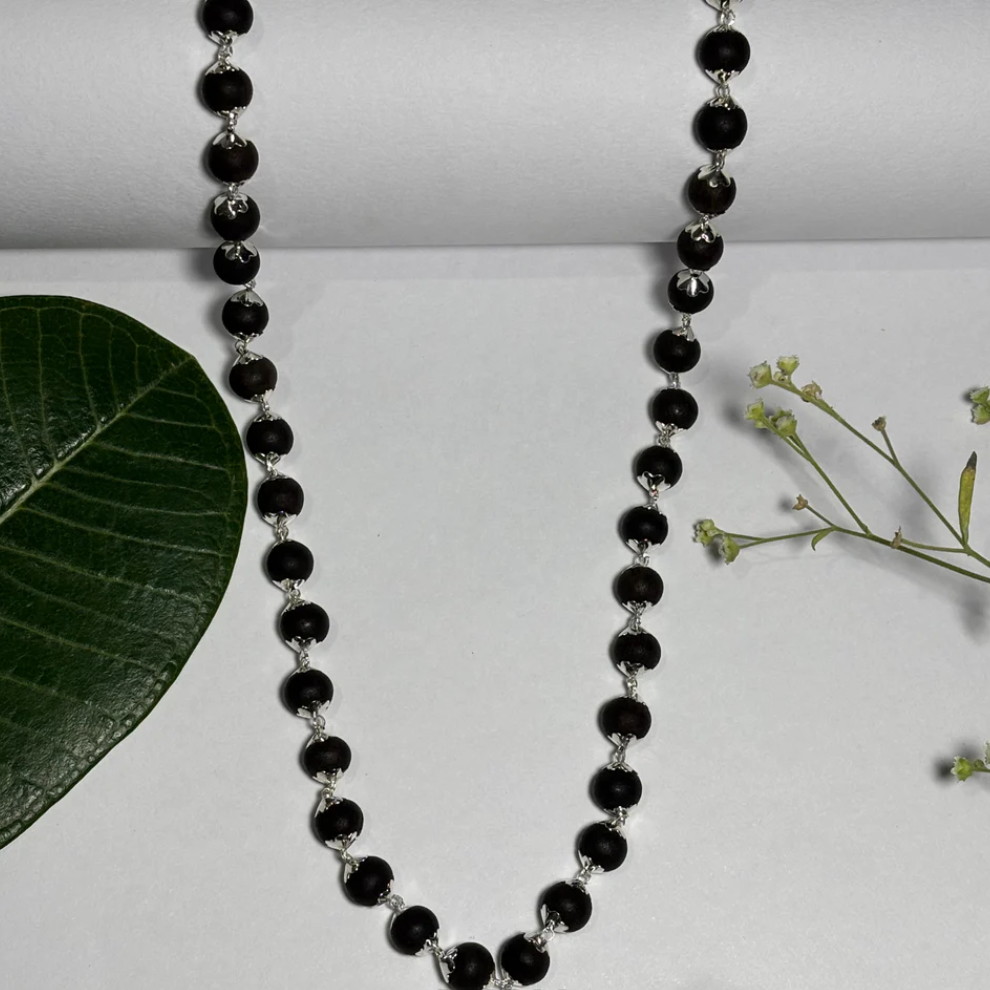 Silver Plated Eternal Karungali Mala - Natural Ebony Wood (Govt. Certified) For Son
