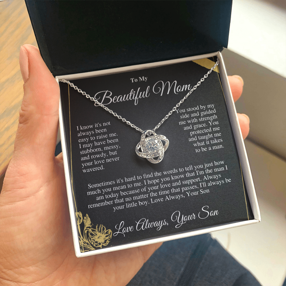 “To My Loved Mother - Love Knot Necklace with CZ Stones | Symbol of Eternal Love | Perfect Gift for Mom”