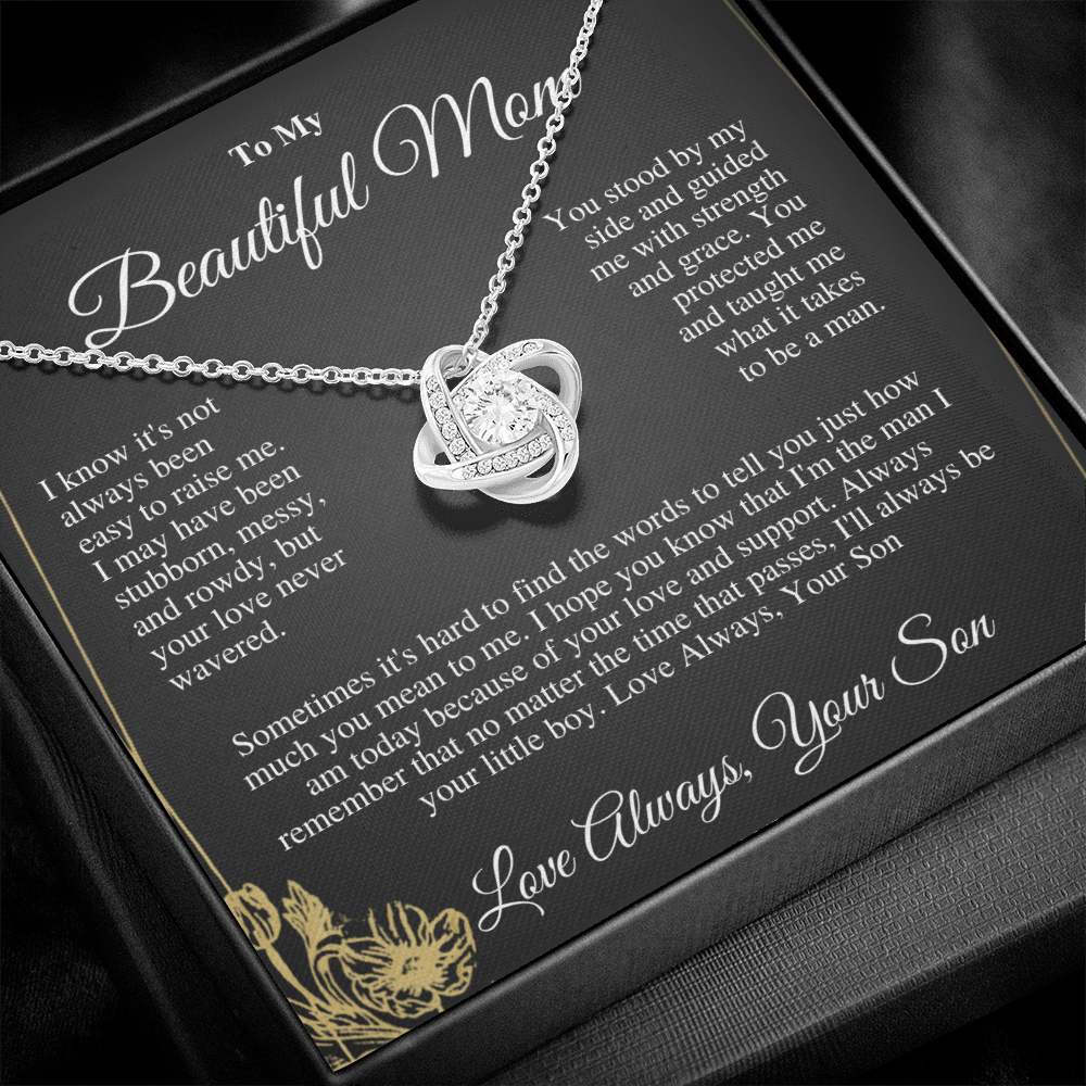 “To My Loved Mother - Love Knot Necklace with CZ Stones | Symbol of Eternal Love | Perfect Gift for Mom”