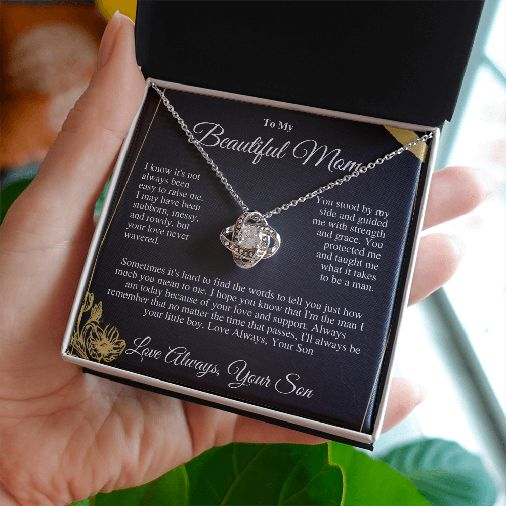 “To My Loved Mother - Love Knot Necklace with CZ Stones | Symbol of Eternal Love | Perfect Gift for Mom”