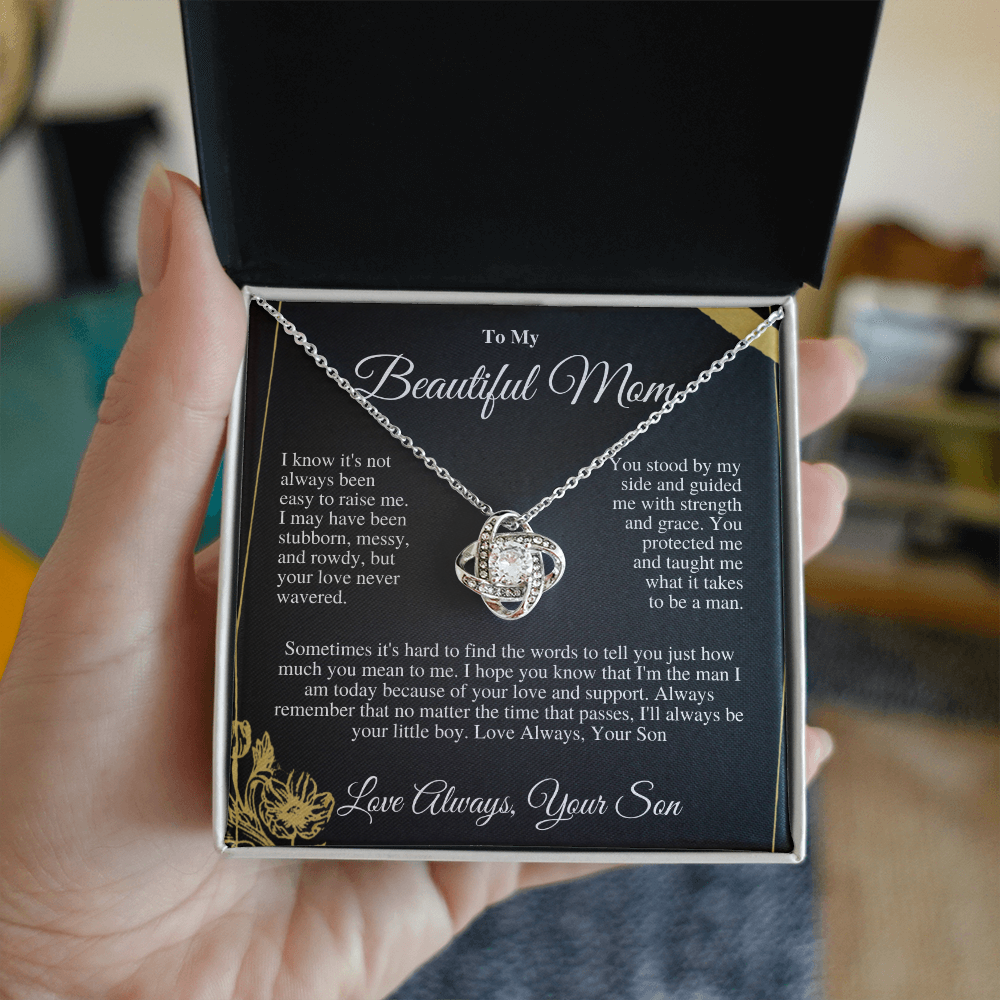 “To My Loved Mother - Love Knot Necklace with CZ Stones | Symbol of Eternal Love | Perfect Gift for Mom”