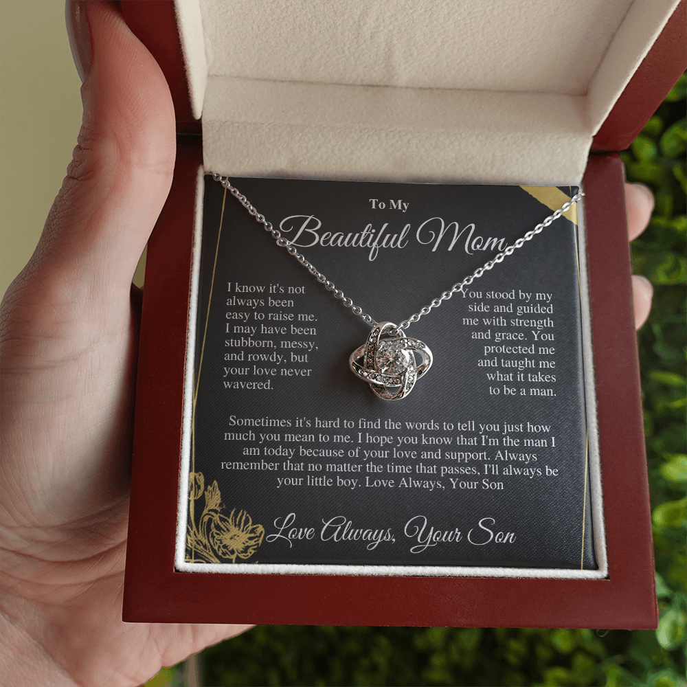 “To My Loved Mother - Love Knot Necklace with CZ Stones | Symbol of Eternal Love | Perfect Gift for Mom”