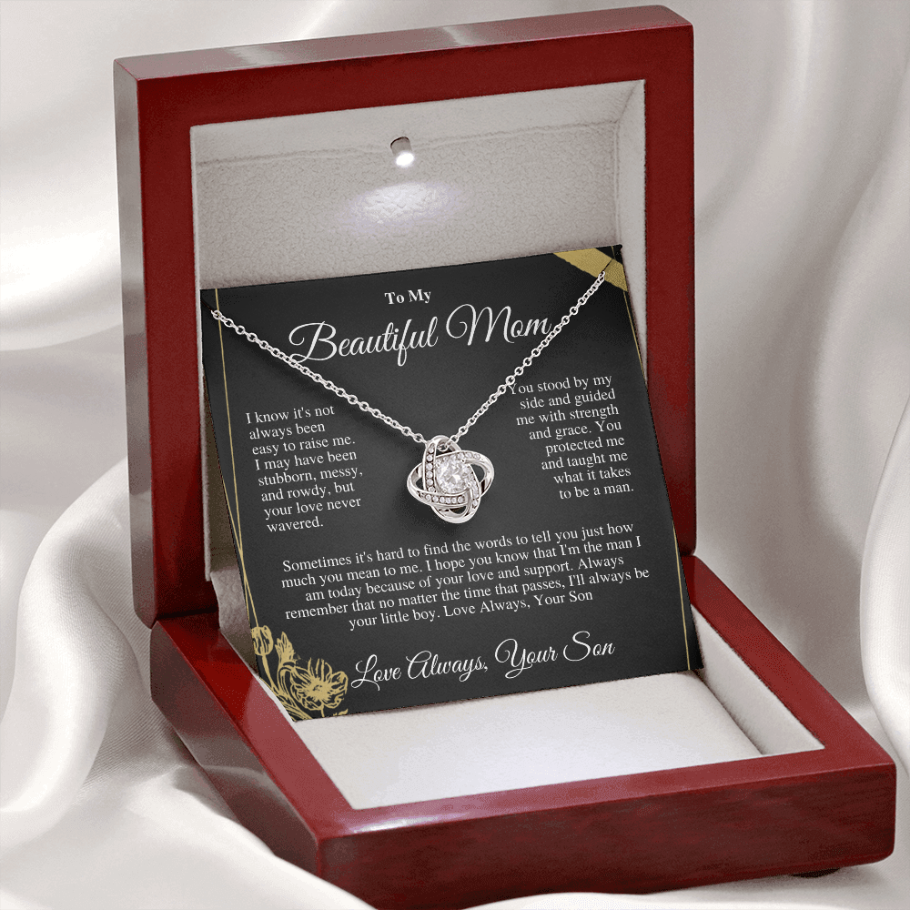“To My Loved Mother - Love Knot Necklace with CZ Stones | Symbol of Eternal Love | Perfect Gift for Mom”