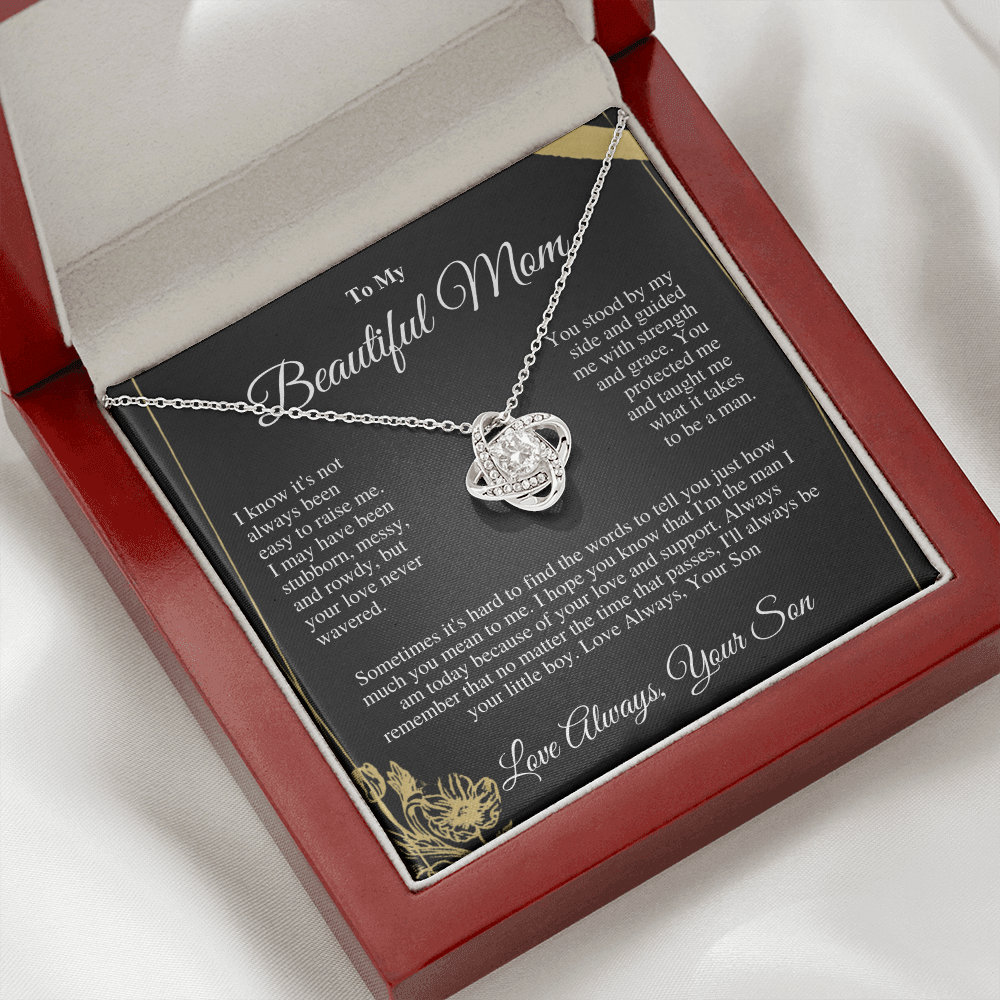 “To My Loved Mother - Love Knot Necklace with CZ Stones | Symbol of Eternal Love | Perfect Gift for Mom”