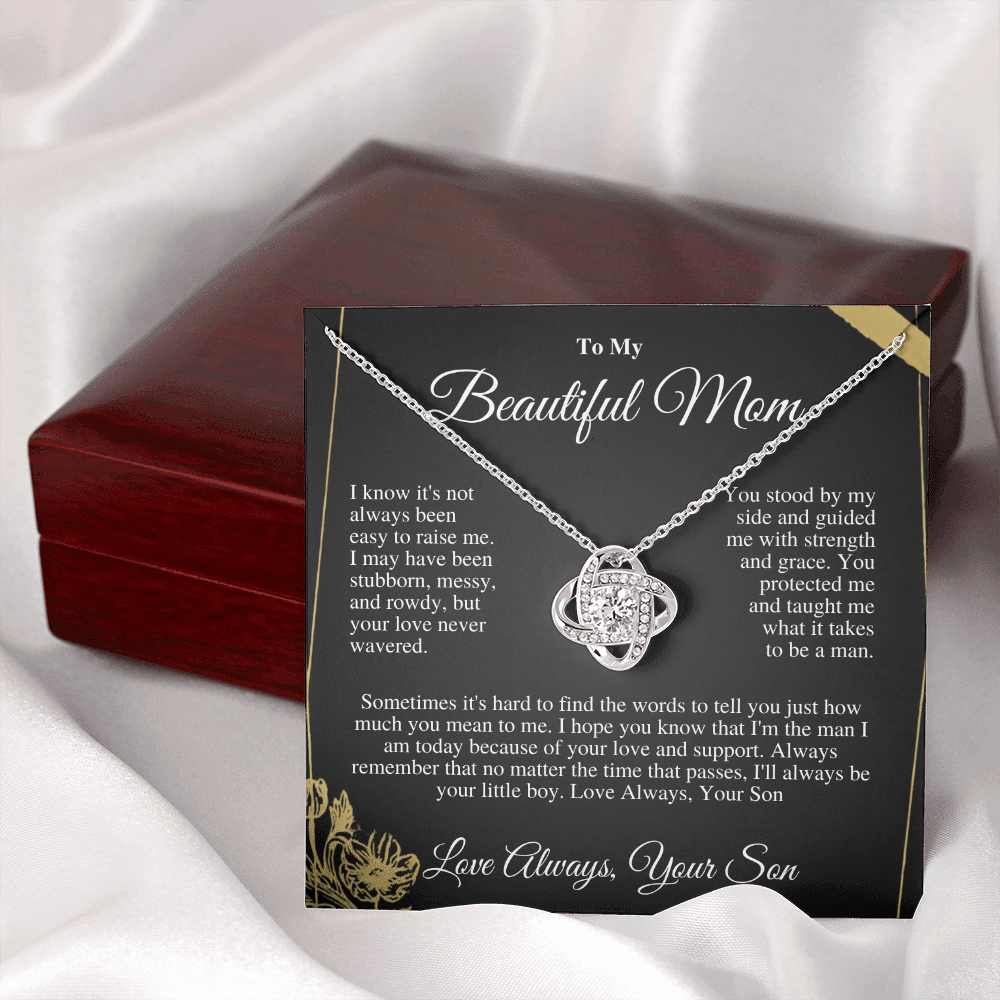 “To My Loved Mother - Love Knot Necklace with CZ Stones | Symbol of Eternal Love | Perfect Gift for Mom”