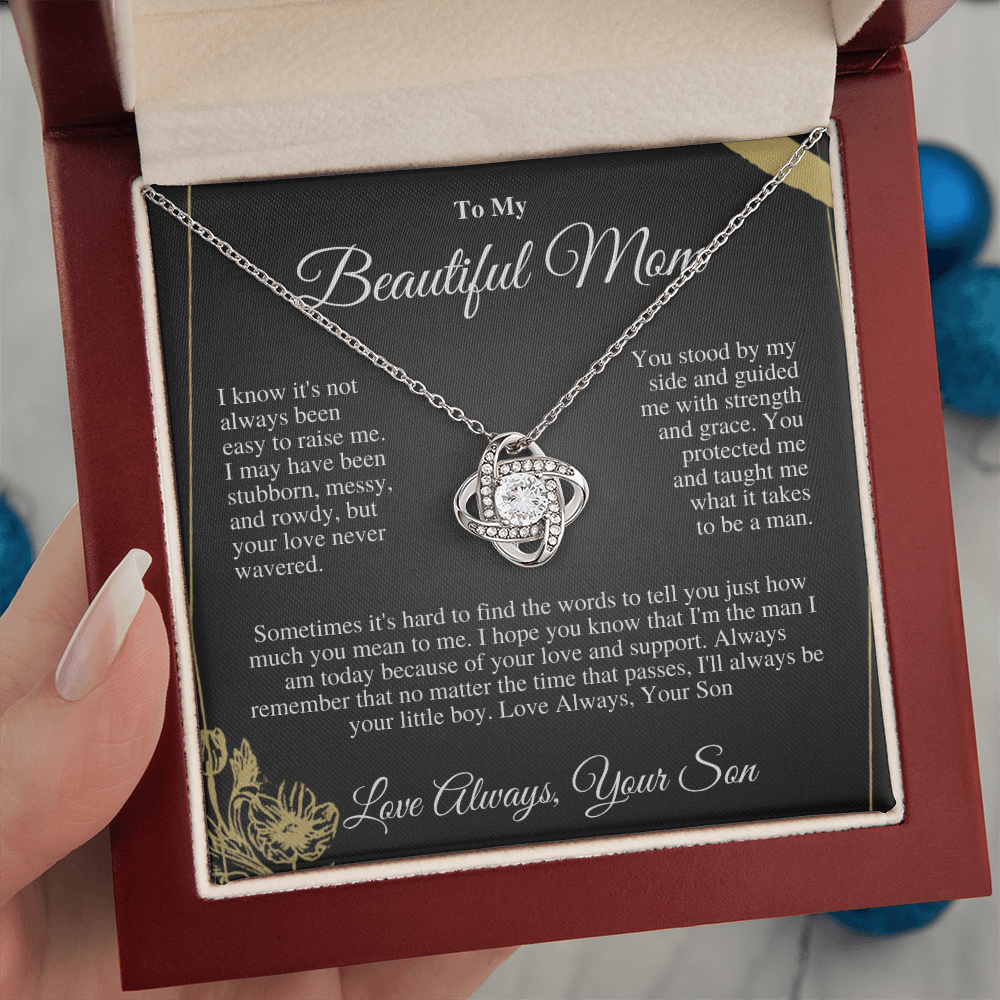 “To My Loved Mother - Love Knot Necklace with CZ Stones | Symbol of Eternal Love | Perfect Gift for Mom”