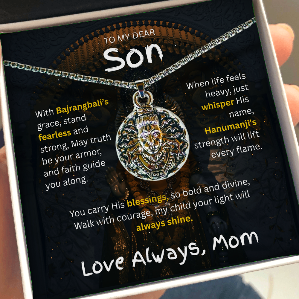 "To My Dear Son – Hanumanji Protection Pendant from Mom” A Symbol of Courage, Faith & a Mother’s Eternal Blessing.