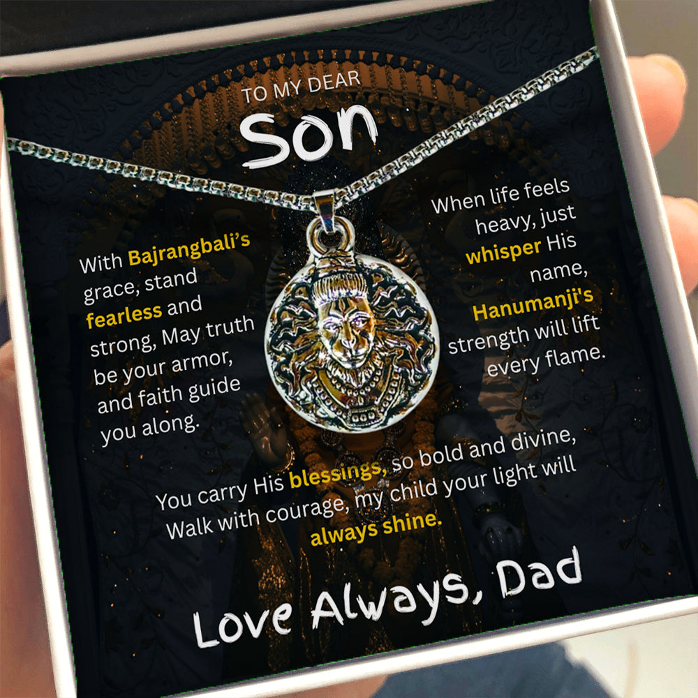 "To My Dear Son – Hanumanji Protection Pendant from Mom” A Symbol of Courage, Faith & a Mother’s Eternal Blessing.