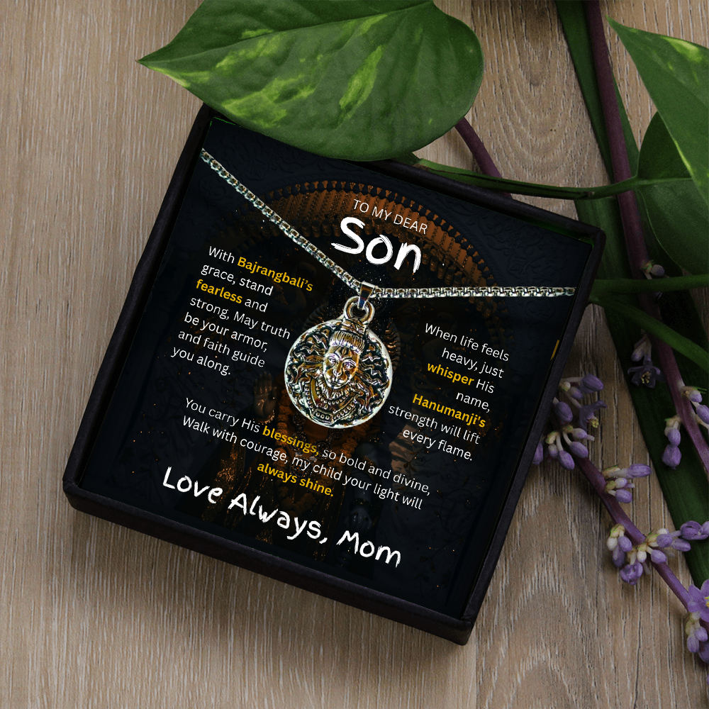 "To My Dear Son – Hanumanji Protection Pendant from Mom” A Symbol of Courage, Faith & a Mother’s Eternal Blessing.