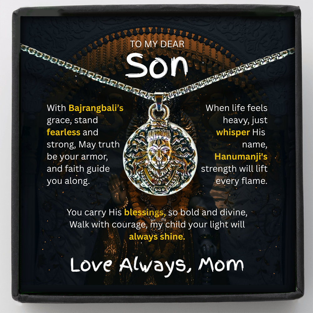 "To My Dear Son – Hanumanji Protection Pendant from Mom” A Symbol of Courage, Faith & a Mother’s Eternal Blessing.