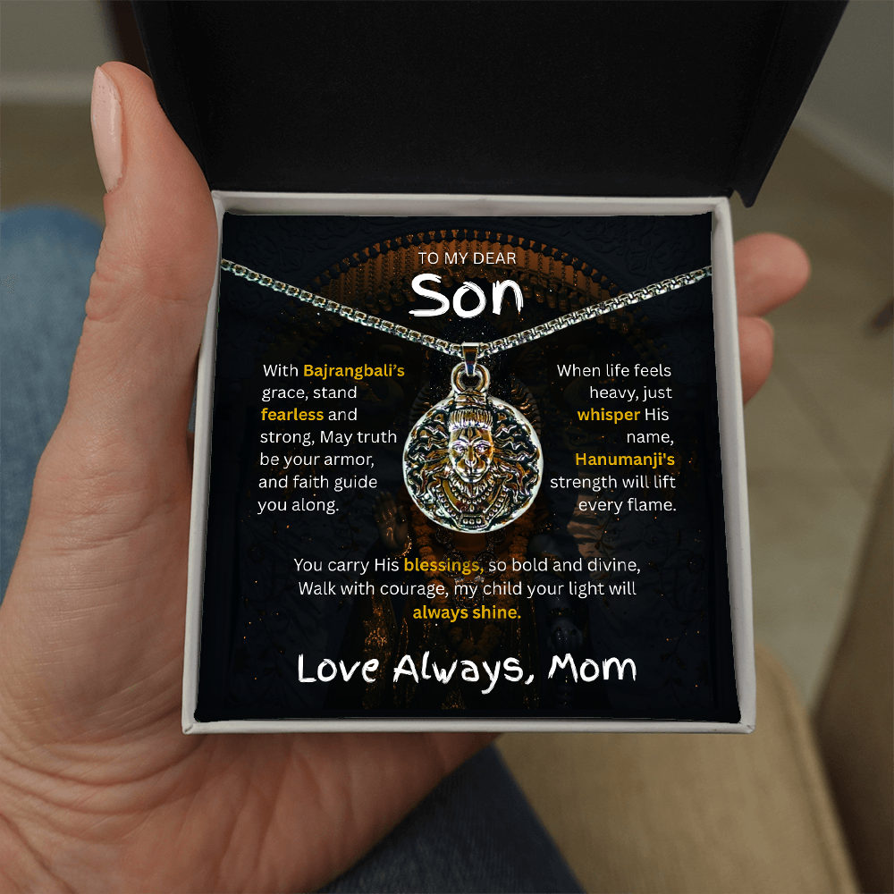 "To My Dear Son – Hanumanji Protection Pendant from Mom” A Symbol of Courage, Faith & a Mother’s Eternal Blessing.
