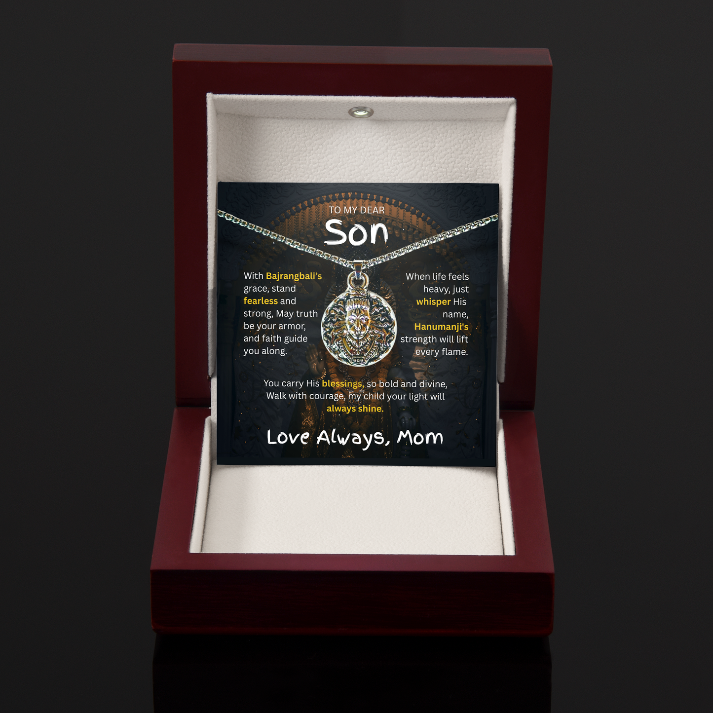"To My Dear Son – Hanumanji Protection Pendant from Mom” A Symbol of Courage, Faith & a Mother’s Eternal Blessing.
