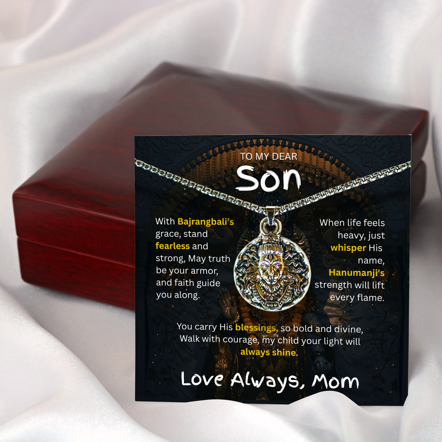 "To My Dear Son – Hanumanji Protection Pendant from Mom” A Symbol of Courage, Faith & a Mother’s Eternal Blessing.