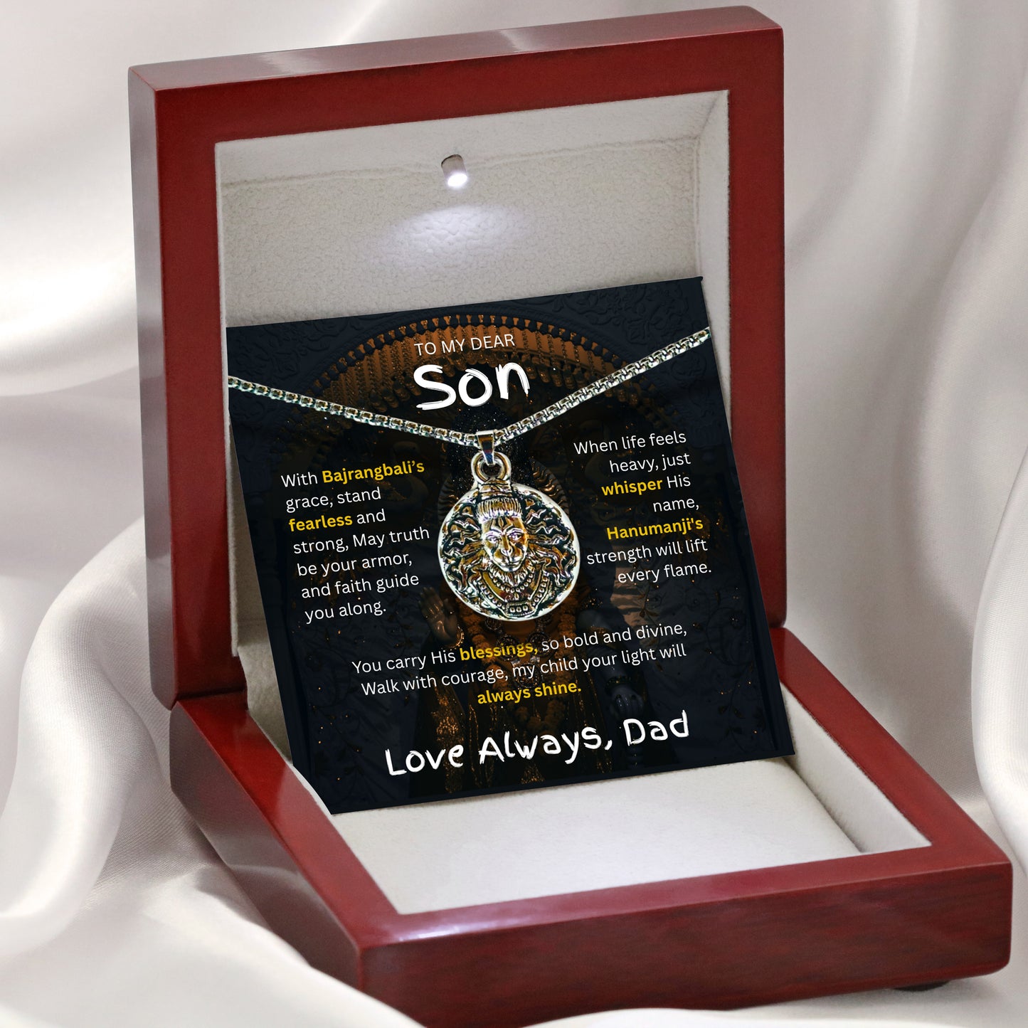 "To My Dear Son – Hanumanji Protection Pendant from Mom” A Symbol of Courage, Faith & a Mother’s Eternal Blessing.