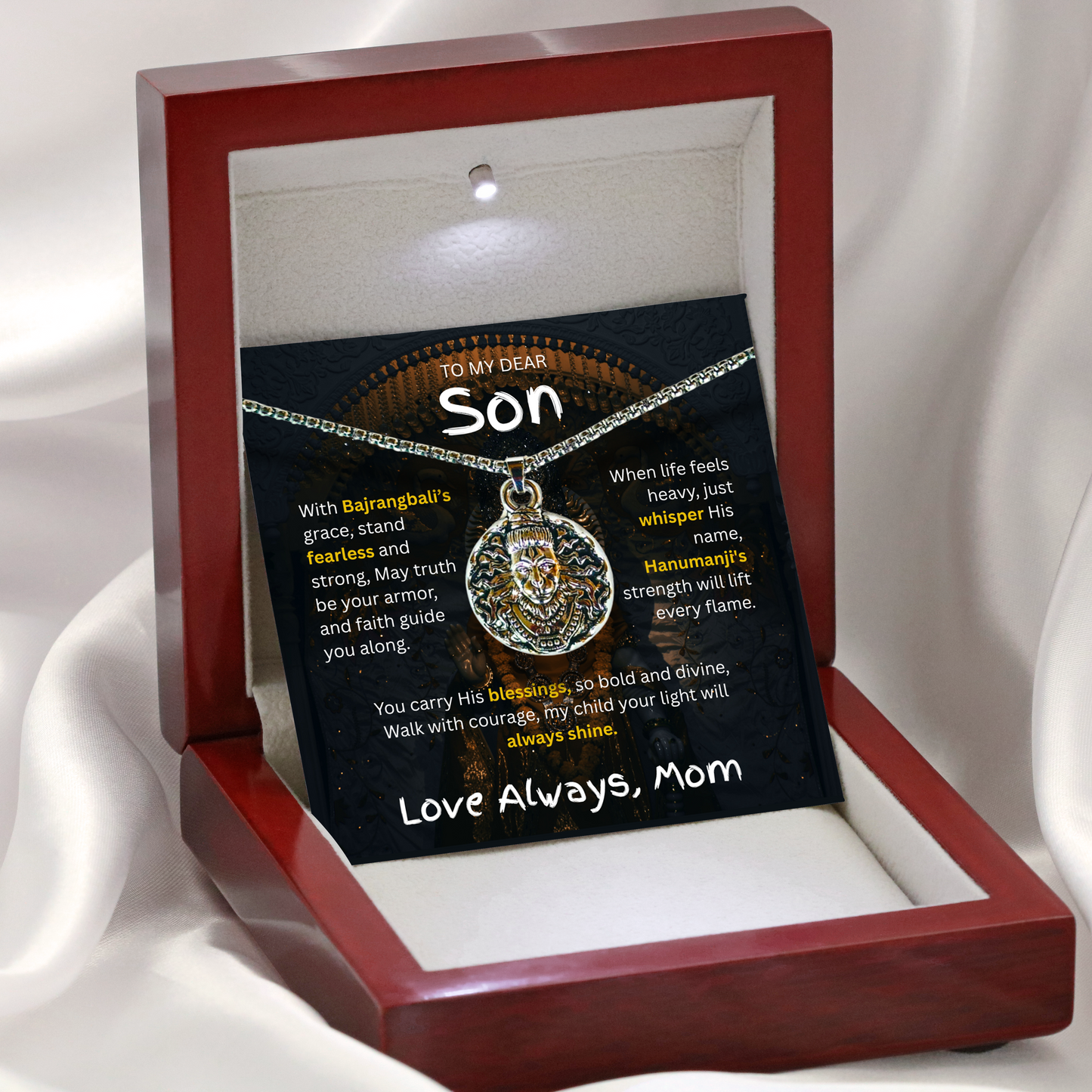 "To My Dear Son – Hanumanji Protection Pendant from Mom” A Symbol of Courage, Faith & a Mother’s Eternal Blessing.