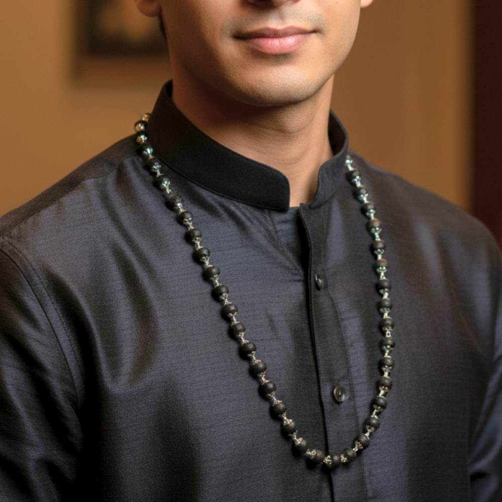 Silver Plated Eternal Karungali Mala - Natural Ebony Wood (Govt. Certified) For Son