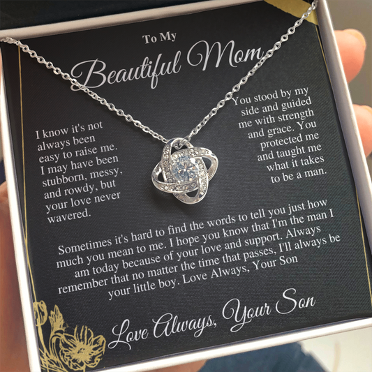 “To My Loved Mother - Love Knot Necklace with CZ Stones | Symbol of Eternal Love | Perfect Gift for Mom”